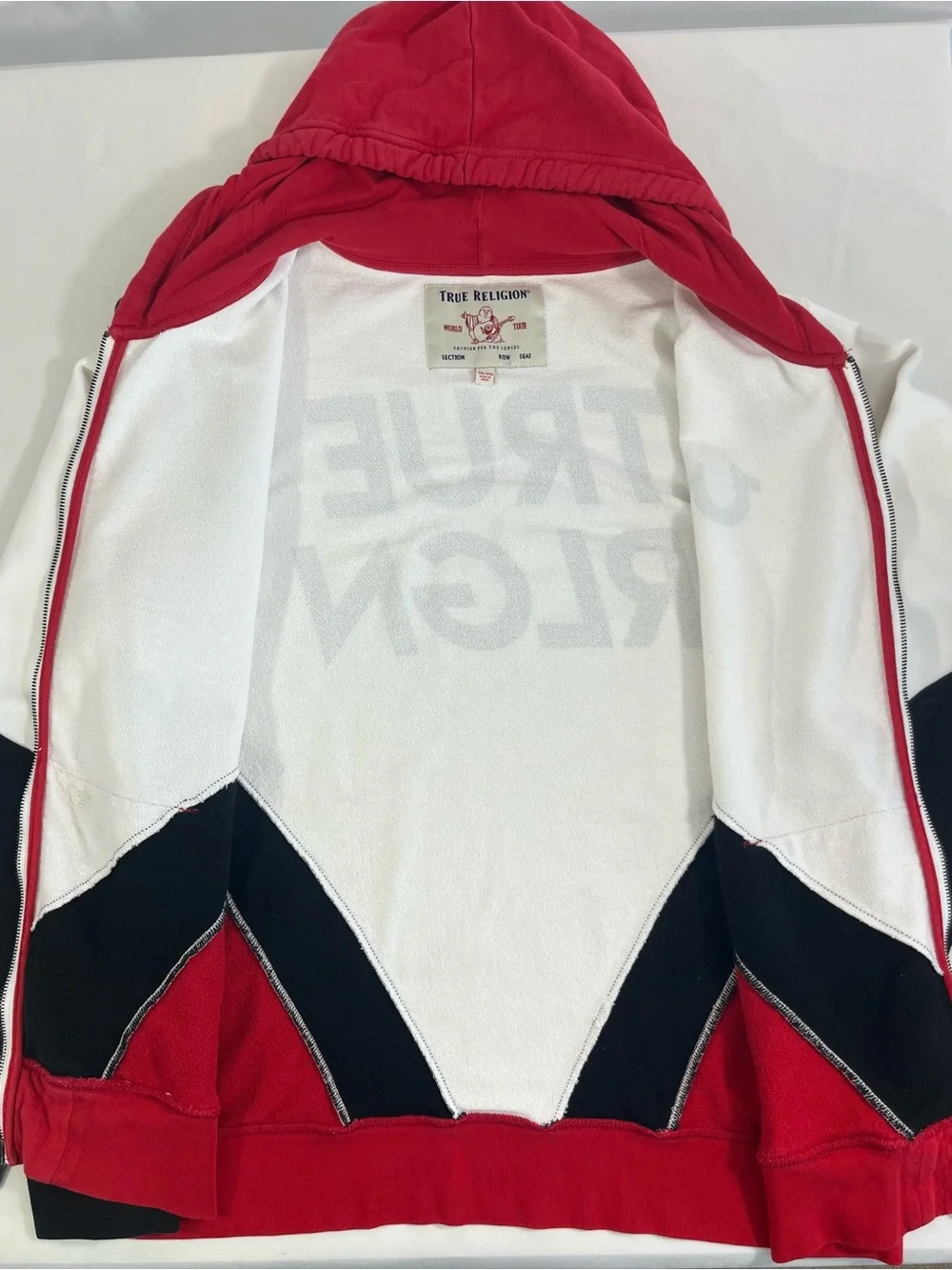 2XL True Religion Chevron Zip Hoodie Red White Black Colorblock Jacket